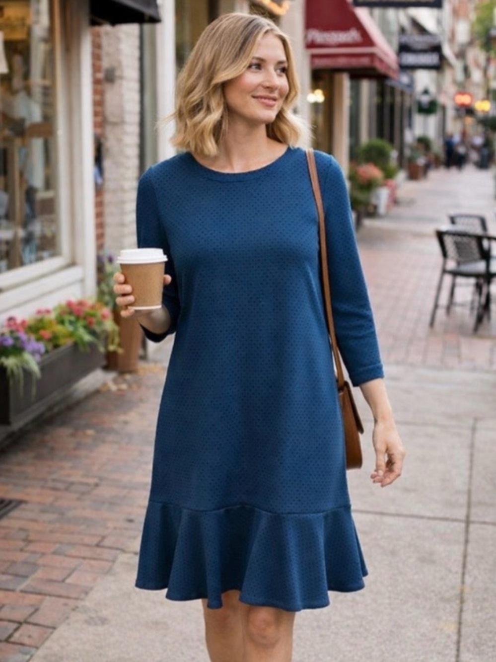J Jill Ponte Dress M Blue Teal Black Polka Dots Ruffle 3/4 Sleeve Stretch